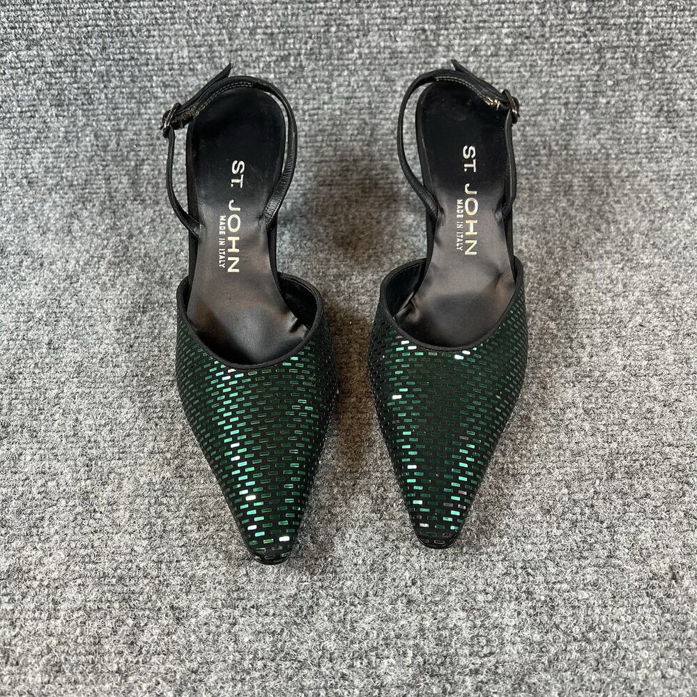 St. John Black Satin Paillettes Made in Italy Pointed Toe Narrow Heel Pumps 7B